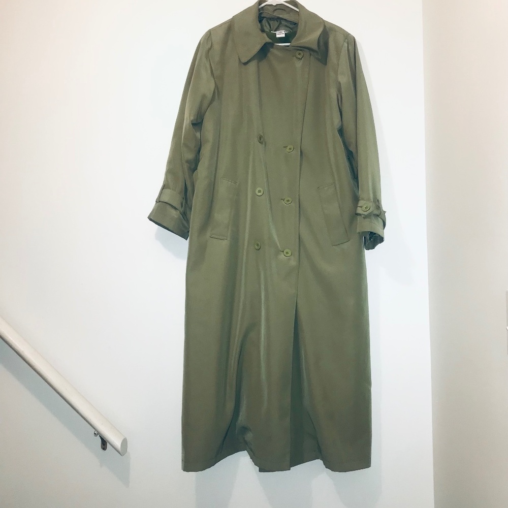 Vintage 90s JG Hook Green Maxi Double Breasted Trench Coat w/matching belt S 14W